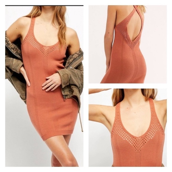 NWT FREE PEOPLE x REVOLVE Burnt Orange Rust Crochet Open Back Knit Mini Dress M - Picture 1 of 10
